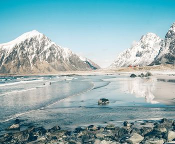 Scenic view of snow covered mountains against clear sky