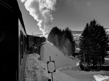 Snow covered road amidst trees and buildings against sky