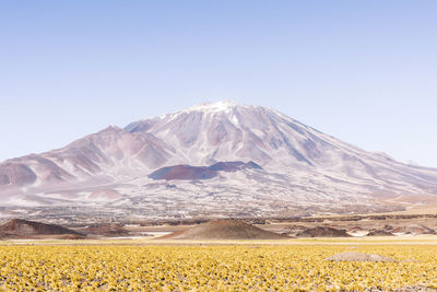 Scenic view of snowcapped mountains against clear blue sky