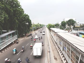 High angle view of cars on road in city