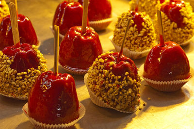 Close-up of sweet food arranged on table