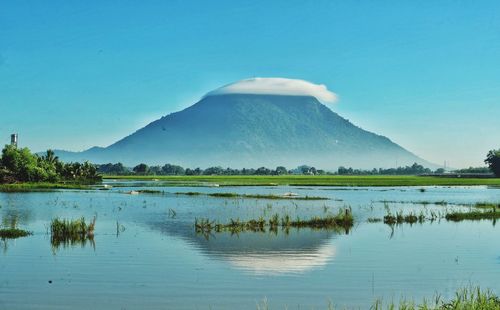 Scenic view of lake against blue sky