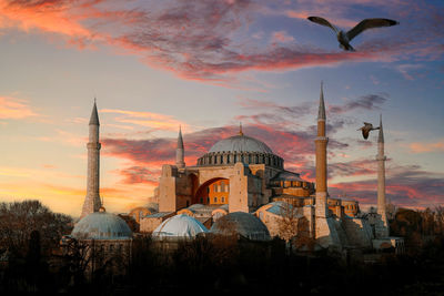 Beautiful view on hagia sophia in istanbul, turkey from top view at sunset