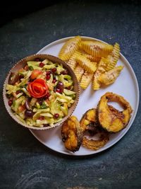 High angle view of food served on table