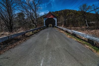 Road amidst bare trees and buildings against sky