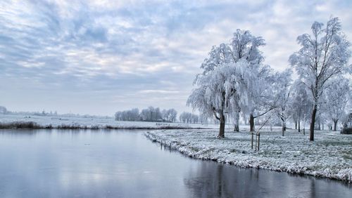 Scenic view of lake against sky during winter