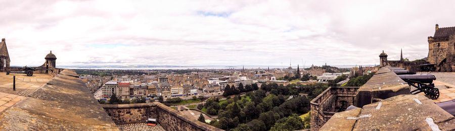 Panoramic view of buildings in city against sky