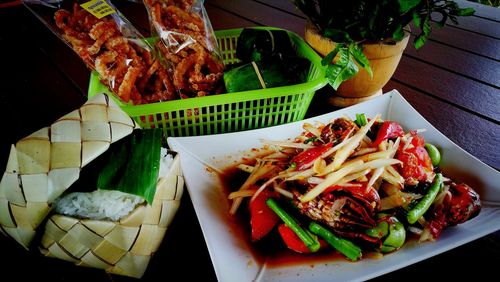 High angle view of salad in plate on table