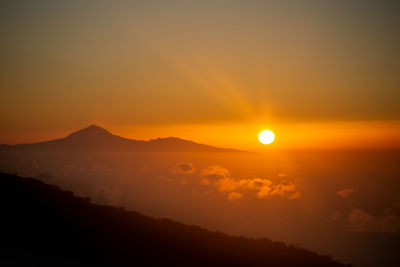 Scenic view of silhouette mountains against orange sky