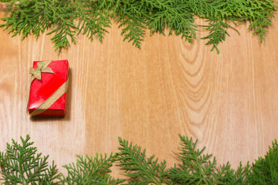 Close-up of pine tree with christmas decorations on wooden table