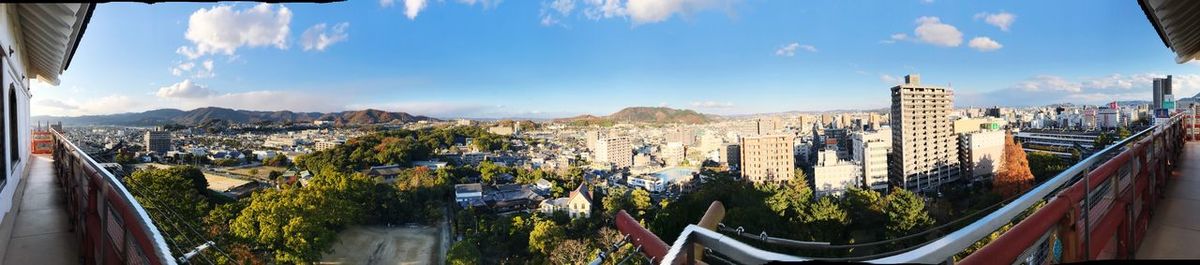 Panoramic view of city buildings against sky