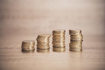 Close-up of coins on table