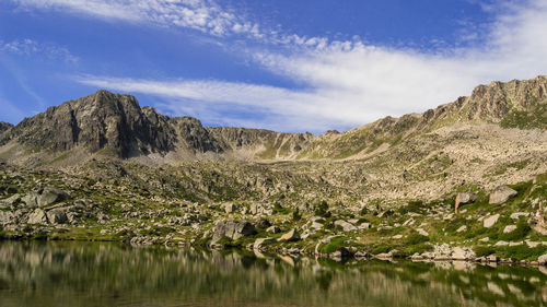 Panoramic view of lake and mountains against sky