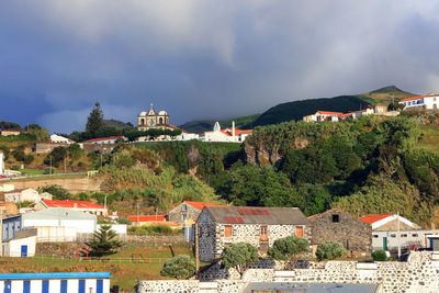 Houses in town against sky