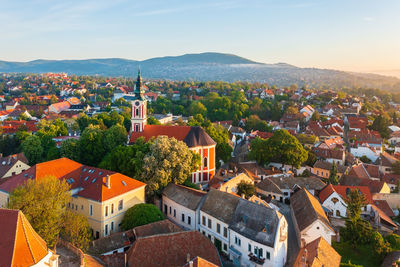Szentendre, hungary the city of arts from birds eye view. aerial cityscape