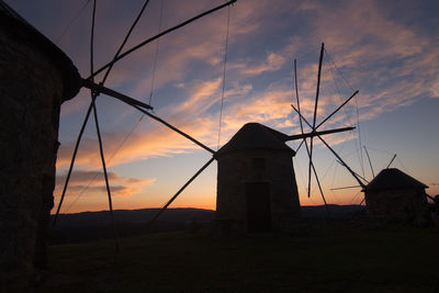 Low angle view of built structures at sunset