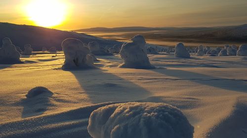 Scenic view of frozen beach against sky during winter