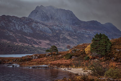 Scenic view of lake and mountains against sky