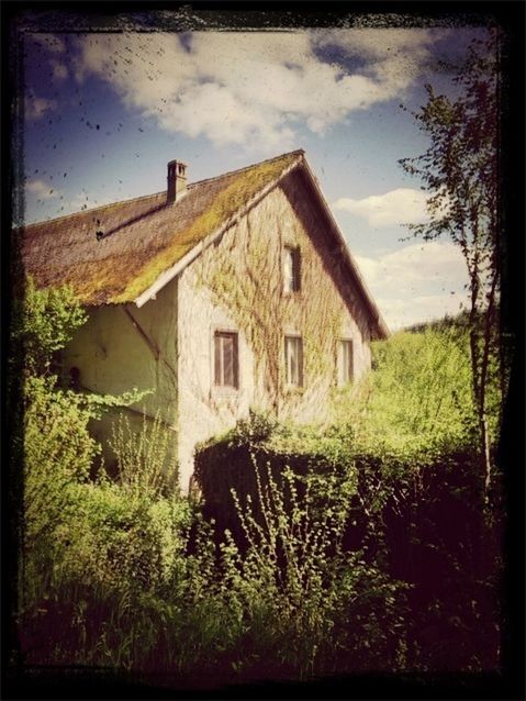 building exterior, architecture, built structure, sky, transfer print, house, grass, auto post production filter, plant, residential structure, cloud - sky, field, cloud, growth, day, tree, outdoors, no people, abandoned, nature