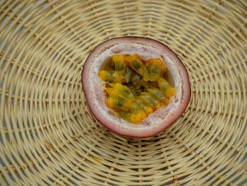 High angle view of food in wicker basket