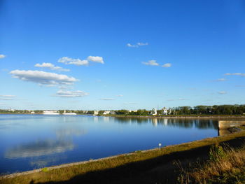 Scenic view of lake against blue sky