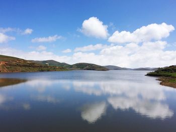 Scenic view of lake against cloudy sky