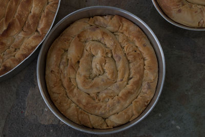 High angle view of bread in bowl on table