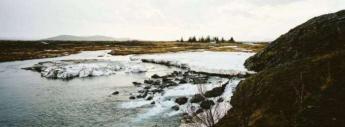 Scenic view of landscape against sky during winter