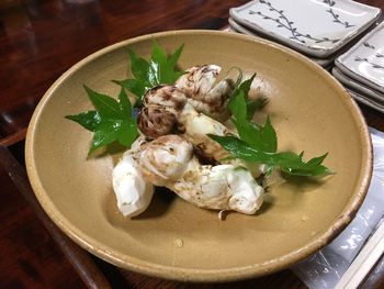 High angle view of food in plate on table