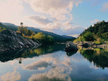 Scenic view of lake and mountains against sky