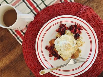 High angle view of breakfast served on table