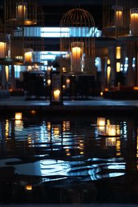 Reflection of illuminated buildings in lake at night