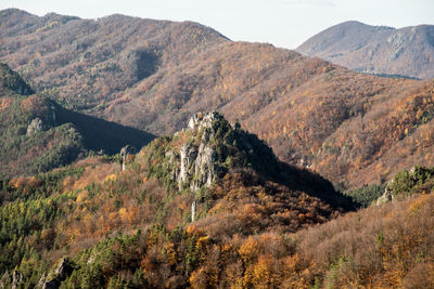 Scenic view of mountains against sky during autumn