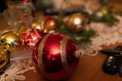 Close-up of christmas decoration on table