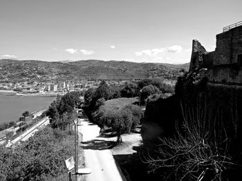 High angle view of buildings against sky