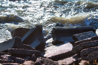 High angle view of rocks on beach