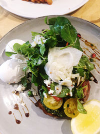 High angle view of food in plate on table