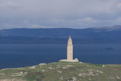 Lighthouse by sea against sky