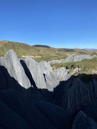 Scenic view of mountains against clear blue sky