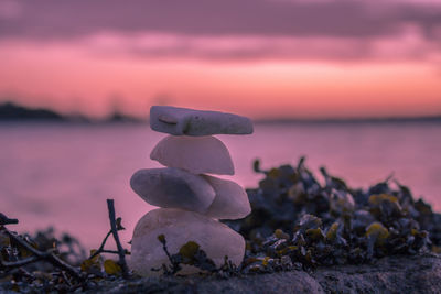 Close-up of stones at sunset