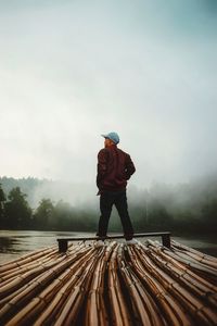 Rear view of man standing on wood against sky