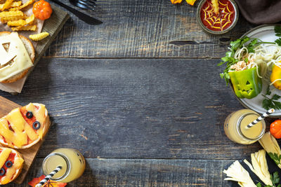 High angle view of chopped fruits on table