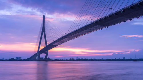 Scenic view of bridge over sea against sky during sunset