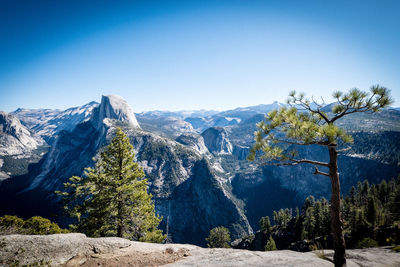 Scenic view of snowcapped mountains against clear sky