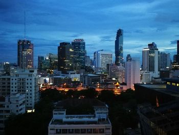 City skyline against blue sky