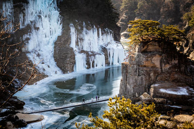 High angle view of frozen waterfall during winter