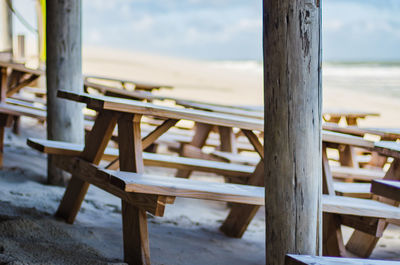 Empty chairs and table at beach - lockdown 