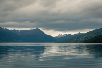 Scenic view of lake by mountains against sky