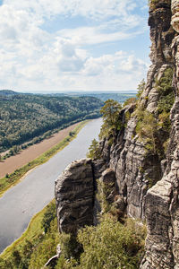 View of the river elbe valley with the typical eroded sandstone formations on the saxon switzerland