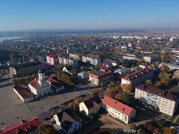 High angle view of townscape against clear sky